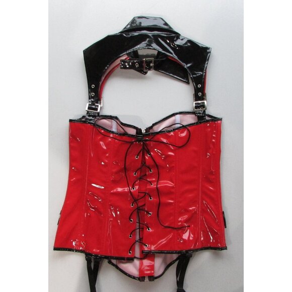 Red Black Shiny Vinyl Collared Corset - S/M - NEW - Picture 7 of 8